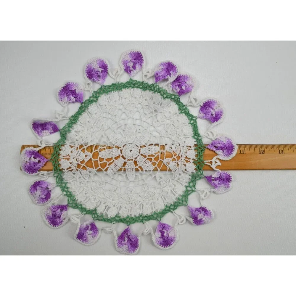 Vintage Round White & Purple Handmade Crochet Doily‎ 10.5